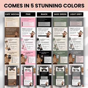 Peut inclure: Graphique promotionnel avec le texte &laquo;&nbsp;COMES IN 5 STUNNING COLORS&nbsp;&raquo; en haut. En dessous, cinq colonnes, chacune avec une palette de couleurs diff&eacute;rente&nbsp;: Caf&eacute; Mocha, Rose, Noir, Vert Sauge et Gris Clair. Chaque colonne pr&eacute;sente une s&eacute;rie de maquettes.