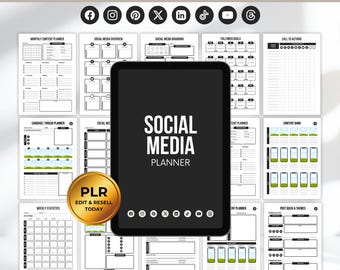 May include: A 300+ page social media planner with various templates for content planning, branding, and tracking. The planner includes a black tablet with "Social Media Planner" text, and a gold PLR badge. Social media icons are at the top.