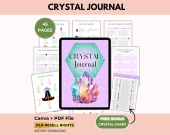 Crystal Journal and Workbook with PLR Resell Rights, Healing Gemstone Guide, Editable Spiritual Workbook, Canva + PDF