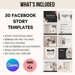 Peut inclure: Visuel promotionnel avec le texte &laquo;&nbsp;WHAT'S INCLUDED&nbsp;&raquo; et &laquo;&nbsp;50 FACEBOOK STORY TEMPLATES&nbsp;&raquo;. L'image comprend des exemples de mod&egrave;les, des puces et les logos Canva et MRR+PLR. Les mod&egrave;les sont con&ccedil;us pour les r&eacute;seaux sociaux.