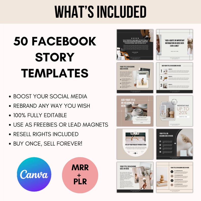 Peut inclure: Visuel promotionnel avec le texte &laquo;&nbsp;WHAT'S INCLUDED&nbsp;&raquo; et &laquo;&nbsp;50 FACEBOOK STORY TEMPLATES&nbsp;&raquo;. L'image comprend des exemples de mod&egrave;les, des puces et les logos Canva et MRR+PLR. Les mod&egrave;les sont con&ccedil;us pour les r&eacute;seaux sociaux.