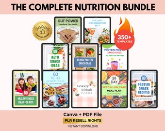 Ensemble nutritionnel, recettes céto et protéinées, plan de repas, tableau des aliments, Canva + PDF, droits de revente DPP
