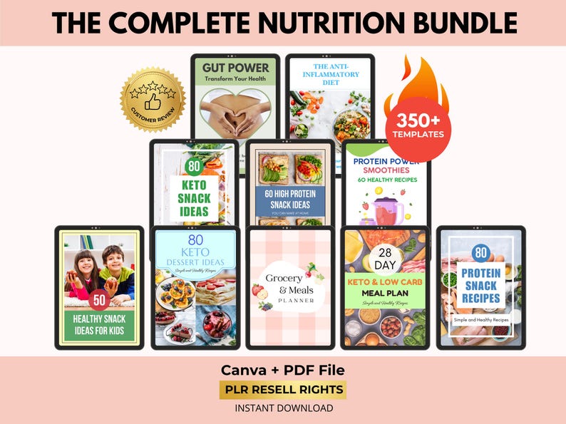 Nutrition Bundle, Keto and Protein Recipes, Meal Plan, Food Chart, Canva + PDF, PLR Resell Rights imagen 1