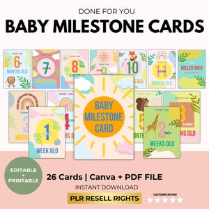 Tarjetas de hitos para bebés con derechos de reventa PLR, tarjetas unisex de hitos con adorables animales, regalo para baby shower, regalo de hitos para recién nacidos, PDF de Canva