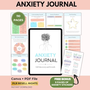 Anxiety Journal and Workbook Printable, CBT Therapy Tools, Anxiety Triggers, Mental Health, Canva + PDF, PLR