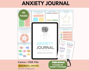 Anxiety Journal Workbook, CBT Therapy, Anxiety Triggers, Mental Health, Canva + PDF, PLR Resell Rights