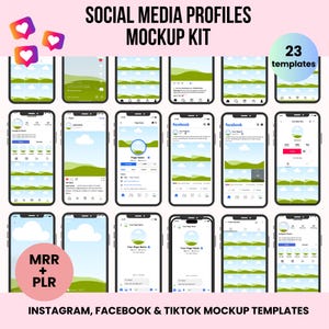 May include: A mockup kit of 23 social media profile templates for Instagram, Facebook, and TikTok. The templates feature a green and blue landscape design with clouds. The text "SOCIAL MEDIA PROFILES MOCKUP KIT" and "23 templates" is displayed on the image.