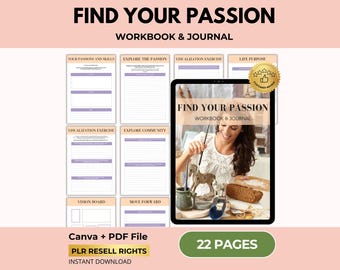 Find Your Passion Planner, Life Purpose Workbook, Self-Care Worksheet, Canva + PDF, PLR Resell Rights