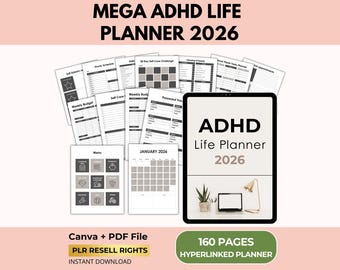 ADHD Planner 2026, Hyperlinked Digital Daily Binder, Neurodivergent-Friendly Organizer, Canva + PDF, PLR