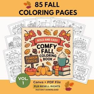 Op de afbeelding: Afbeelding ter promotie van een kleurboek met 85 herfstpagina's. Het ontwerp bevat pompoenen, bladeren en een koffiemok. Individuele kleurplaten worden rond het boek weergegeven. De tekst luidt "85 herfst kleurplaten". Het boek is een Canva + PDF-bestand.