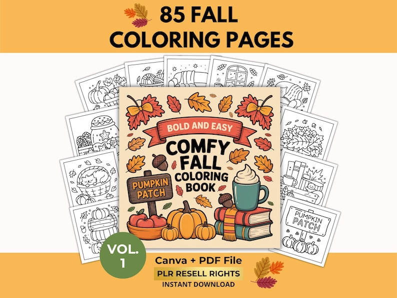 Op de afbeelding: Afbeelding ter promotie van een kleurboek met 85 herfstpagina's. Het ontwerp bevat pompoenen, bladeren en een koffiemok. Individuele kleurplaten worden rond het boek weergegeven. De tekst luidt "85 herfst kleurplaten". Het boek is een Canva + PDF-bestand.
