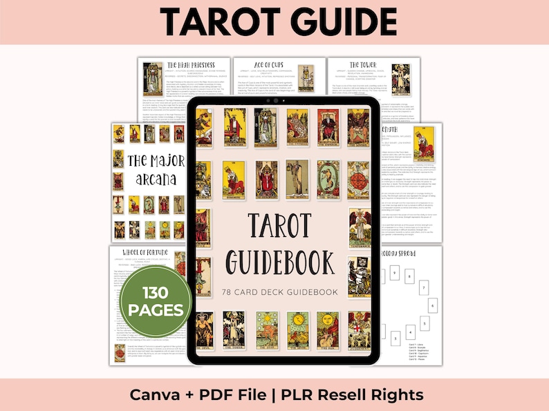 May include: A digital tablet displays a Tarot Guidebook cover with 78 card illustrations, surrounded by multiple pages of tarot card descriptions, a Major Arcana list, and a circular spread diagram. A green circle badge states 130 PAGES.