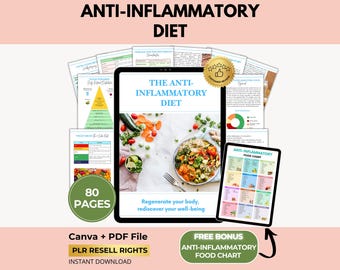 Anti-Inflammatory Diet Meal Plan and Recipes Ebook with PLR Resell Rights, Food Chart, Gut Health Guide, Canva + PDF