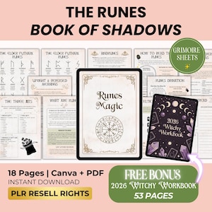 Può includere: Download digitale di "The Runes Book of Shadows". L'immagine mostra pagine digitali con simboli runici, diagrammi e il testo "Runes Magic". Include un bonus 2026 Witchy Workbook. Download immediato.