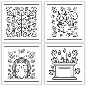 May include: Four black and white square illustrations with autumn themes. One features oak leaves and acorns, another a squirrel holding an acorn, a third a hedgehog with an apple, and the last a fireplace with candles and pumpkins.