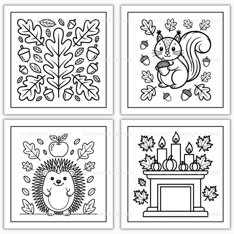 May include: Four black and white square illustrations with autumn themes. One features oak leaves and acorns, another a squirrel holding an acorn, a third a hedgehog with an apple, and the last a fireplace with candles and pumpkins.