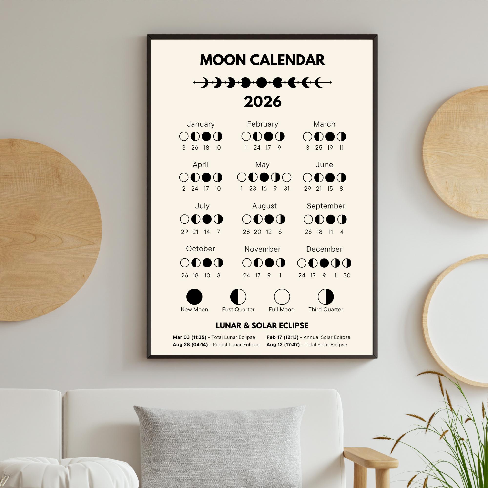 2026 Moon Phases Calendar, Lunar Calendar, Astrology Calendar