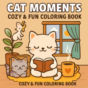 May include: A cozy coloring book cover with the title "Cat Moments" and the subtitle "Cozy & Fun Coloring Book." The illustration features a white cat reading a book, a gray cat, a cup of coffee, and a window with a sun.