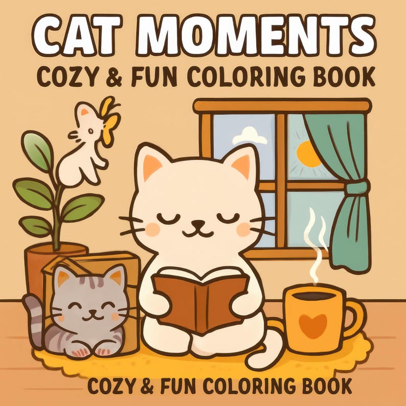 May include: A cozy coloring book cover with the title "Cat Moments" and the subtitle "Cozy & Fun Coloring Book." The illustration features a white cat reading a book, a gray cat, a cup of coffee, and a window with a sun.