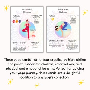 K&ouml;nnte beinhalten: Zwei illustrierte Yoga-Karten mit einem Regenbogenhintergrund. Die Karten zeigen die Baumpose (Vrksasana) und die Kr&auml;henpose (Bakasana). Jede Karte enth&auml;lt den Namen der Pose, das Chakra, &auml;therische &Ouml;le, k&ouml;rperliche Vorteile und energetische Vorteile.