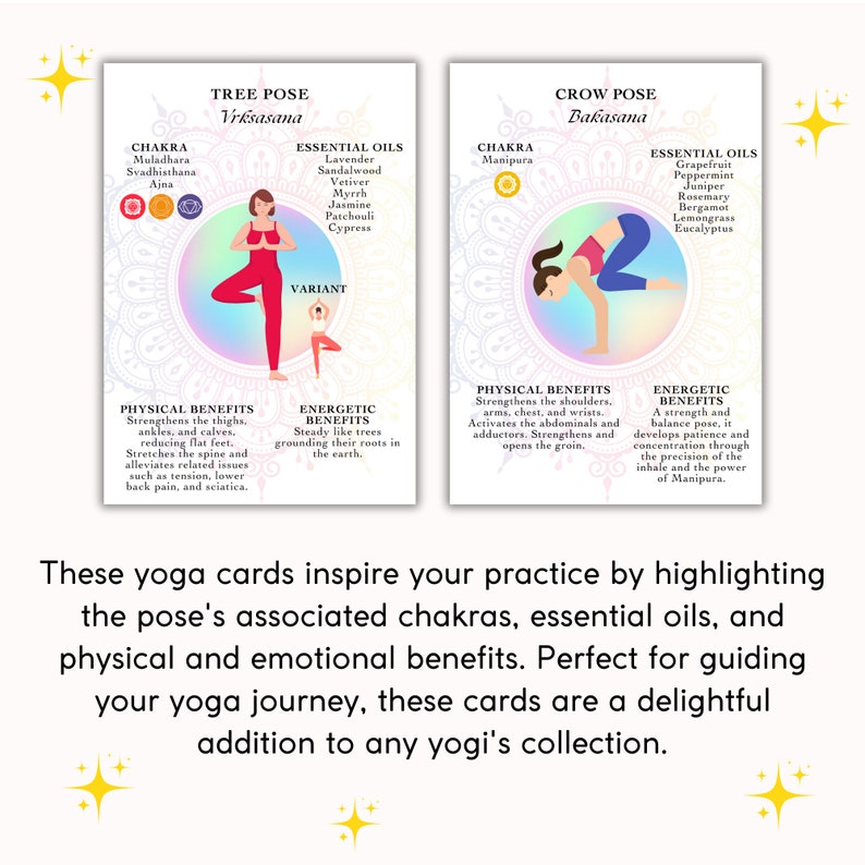 K&ouml;nnte beinhalten: Zwei illustrierte Yoga-Karten mit einem Regenbogenhintergrund. Die Karten zeigen die Baumpose (Vrksasana) und die Kr&auml;henpose (Bakasana). Jede Karte enth&auml;lt den Namen der Pose, das Chakra, &auml;therische &Ouml;le, k&ouml;rperliche Vorteile und energetische Vorteile.