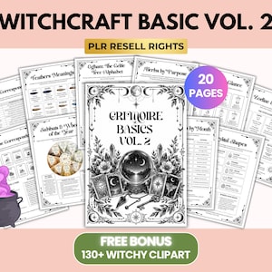 以下が含まれることがあります： Witchcraft Basic Vol. 2と題された20ページのコレクション。PLR再販権付き。表紙には水晶玉、タロットカード、鍵、振り子が描かれています。周囲のページにはハーブ、十二宮の要素、クリスタルに関するテキストと大釜が示されています。