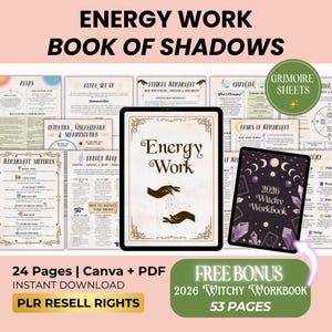 May include: An advertisement for a digital product, featuring a tablet displaying "Energy Work" and a second tablet with "2026 Witchy Workbook." The image includes various pages with text and illustrations, with the words "Book of Shadows" at the top. The product includes 24 pages and a free bonus.