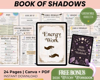 May include: An advertisement for a digital product, featuring a tablet displaying "Energy Work" and a second tablet with "2026 Witchy Workbook." The image includes various pages with text and illustrations, with the words "Book of Shadows" at the top. The product includes 24 pages and a free bonus.
