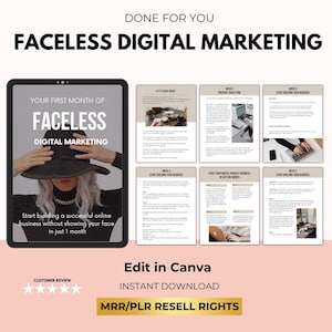 May include: A digital marketing course titled "Faceless Digital Marketing: Your First Month of Faceless Digital Marketing" with a cover image of a woman wearing a wide-brimmed hat. The course promises to help you build a successful online business without showing your face in just one month. The course is available for instant download with MRR/PLR resell rights.