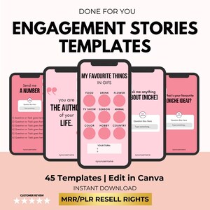 May include: A set of four pink and black phone screen templates for social media engagement stories. The templates feature prompts such as "Send me a number", "You are the author of your life", "My favorite things in gifs", "Ask me anything about [niche]", and "What's your favorite [niche idea]?"