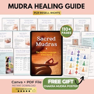 Op de afbeelding: Een digitale Mudra Healing Gids met 110+ pagina's, met een centraal tablet-display getiteld Sacred Mudras: The Healing Language of the Hands. De collectie bevat diverse instructiepagina's, een Chakra & Mudra Flow schema en een gratis cadeau-poster.