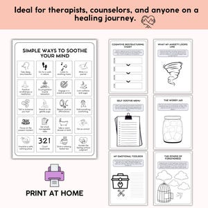 May include: Black and white printable cards with self-care tips, including breathing exercises and journaling prompts. The cards also feature a self-soothe menu, emotional toolbox, and the power of forgiveness. The phrase "Print at Home" is at the bottom.