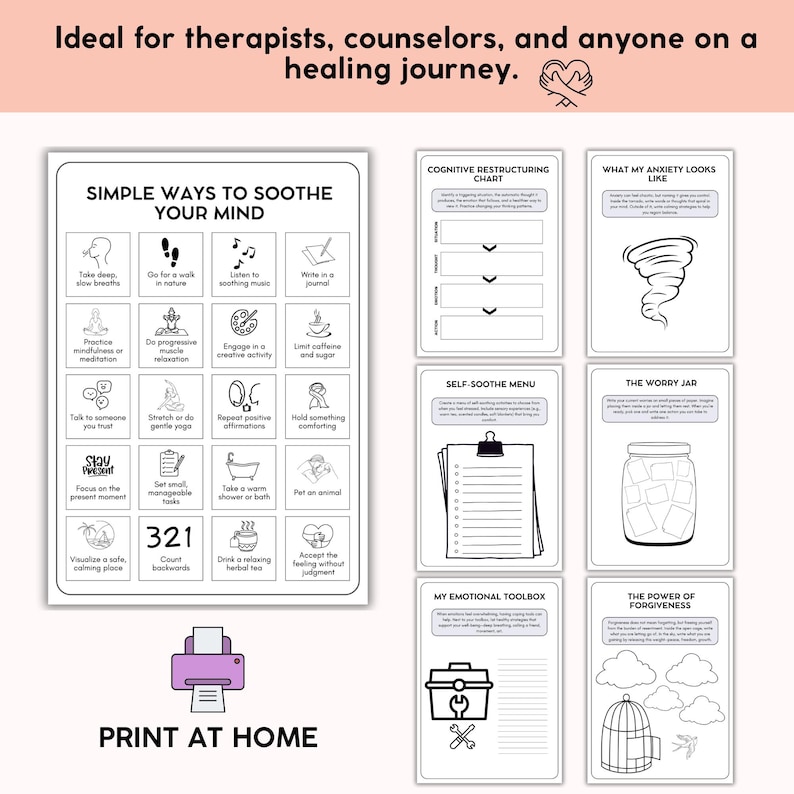 May include: Black and white printable cards with self-care tips, including breathing exercises and journaling prompts. The cards also feature a self-soothe menu, emotional toolbox, and the power of forgiveness. The phrase "Print at Home" is at the bottom.