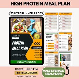 High Protein Meal Plan, Weight Loss & Muscle Gain, Low Calories Tracker Weekly Menu, Canva + PDF, PLR Resell Rights