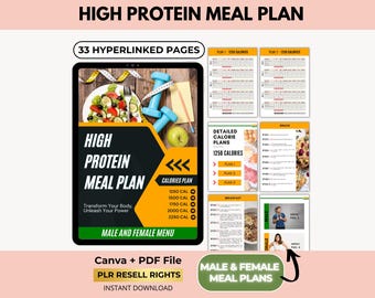 Plano alimentar rico em proteínas, para perda de peso e ganho de massa muscular, rastreador de baixas calorias, Canva + PDF, direitos de revenda PLR.