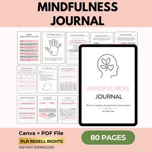 Mindfulness Journal and Workbook with PLR Resell Rights, Calming your Mind, Anxiety and Mental Health Guide, Self care, Canva + PDF