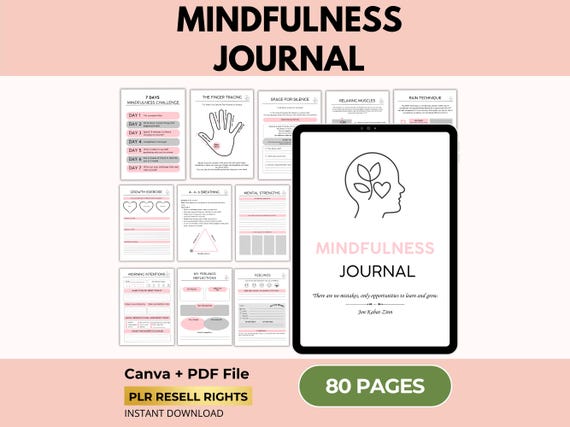 Mindfulness Journal, Anxiety & Mental Health Workbook, Canva Template + PDF, PLR Resell Rights