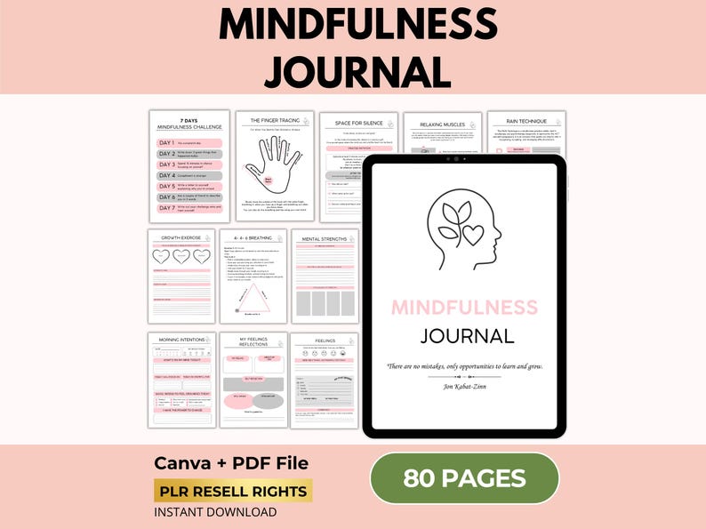 Mindfulness Journal, Anxiety & Mental Health Workbook, Canva Template + PDF, PLR Resell Rights image 1