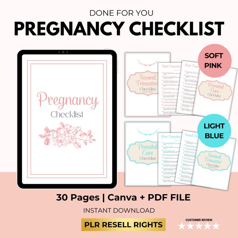 Pregnancy Checklist Planner with PLR Resell Rights, First Time Mom, Canva + PDF image 1