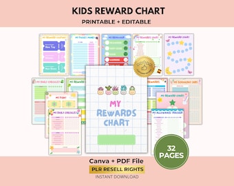 Pacote de Quadro de Tarefas com Recompensas para Crianças, Mesada, Lista de Verificação Diária, Tarefas Semanais, Responsabilidade, Comportamento, Canva + PDF, Direitos de Revenda PLR
