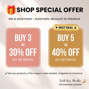 Pu&ograve; includere: Grafica promozionale con testo "SHOP SPECIAL OFFER". Le offerte includono "ACQUISTA 3 = 30% DI SCONTO" e "ACQUISTA 5 = 40% DI SCONTO". Il testo indica anche "Mix & save more - Automatic discount at checkout."