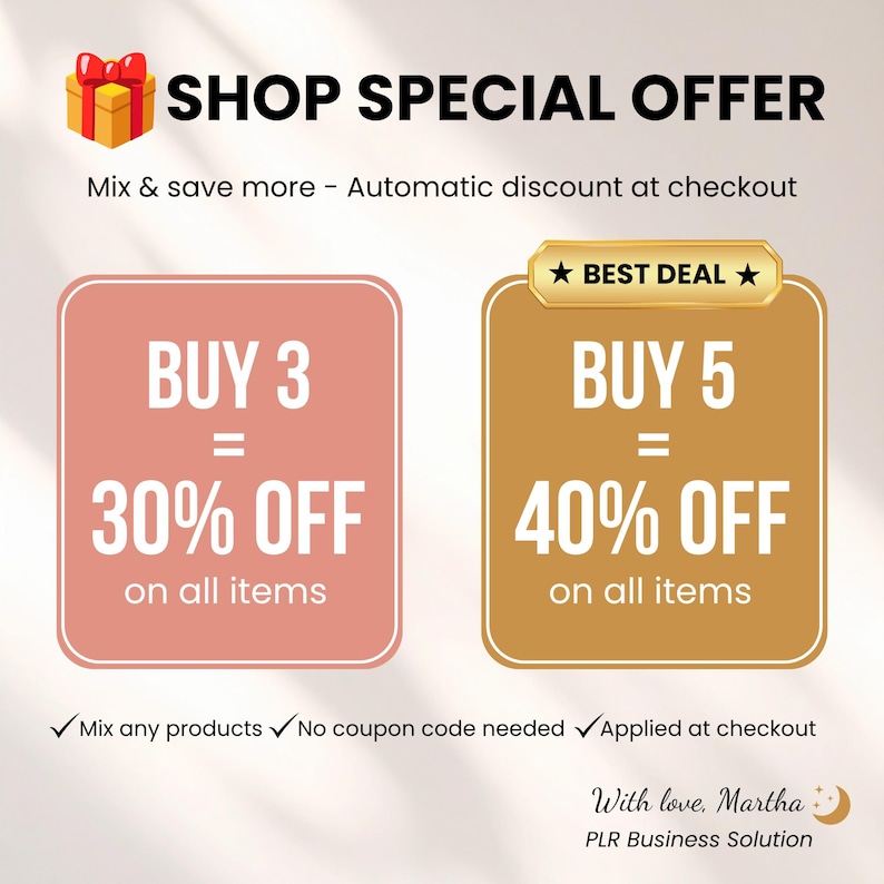 Pu&ograve; includere: Grafica promozionale con testo "SHOP SPECIAL OFFER". Le offerte includono "ACQUISTA 3 = 30% DI SCONTO" e "ACQUISTA 5 = 40% DI SCONTO". Il testo indica anche "Mix & save more - Automatic discount at checkout."