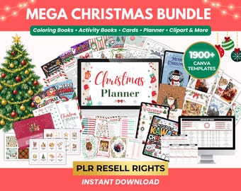 May include: A Mega Christmas Bundle featuring 1900+ Canva templates, including coloring books, activity books, cards, and planners. The display shows a Christmas tree, a computer monitor with a Christmas Planner, and various digital printables.