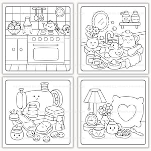 Pode incluir: Quatro ilustra&ccedil;&otilde;es a preto e branco de cenas de cozinha e dom&eacute;sticas. Uma mostra uma cozinha com um fog&atilde;o, uma chaleira e comida. Outra retrata uma cena de banheira com um pato e uma chaleira. A terceira mostra uma m&aacute;quina de costura e biscoitos. A &uacute;ltima mostra uma l&acirc;mpada, um rel&oacute;gio e uma almofada.
