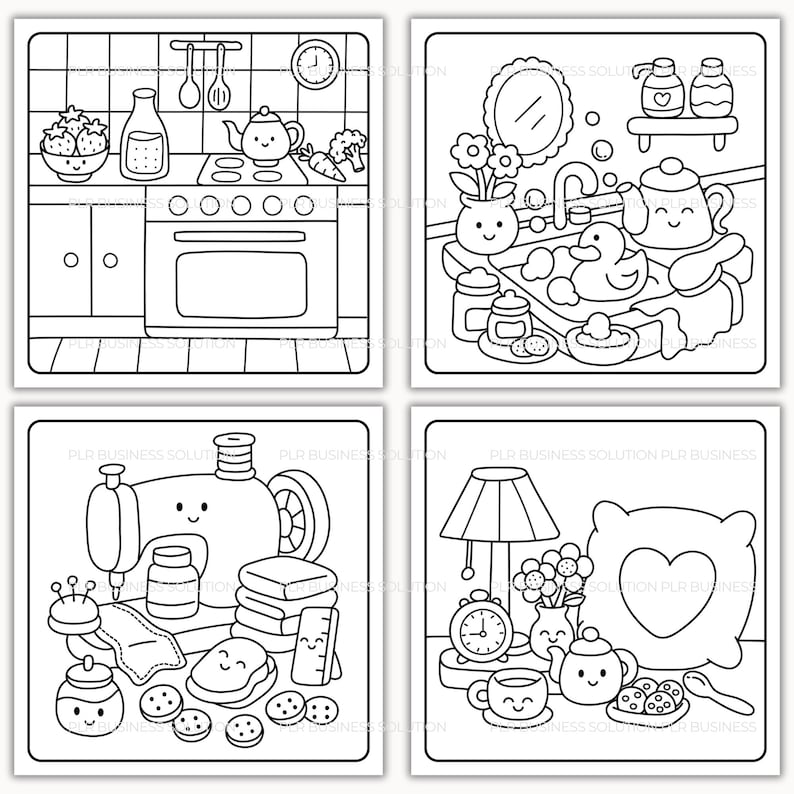 Pode incluir: Quatro ilustra&ccedil;&otilde;es a preto e branco de cenas de cozinha e dom&eacute;sticas. Uma mostra uma cozinha com um fog&atilde;o, uma chaleira e comida. Outra retrata uma cena de banheira com um pato e uma chaleira. A terceira mostra uma m&aacute;quina de costura e biscoitos. A &uacute;ltima mostra uma l&acirc;mpada, um rel&oacute;gio e uma almofada.