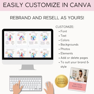 K&ouml;nnte beinhalten: Ein Computerbildschirm zeigt ein digitales Produkt mit Yoga-Posen. Der Bildschirm befindet sich auf einem Schreibtisch mit einer Tastatur und einer Maus. Ein goldener Stempel mit dem Text "Bonus Canva Tutorial" befindet sich in der unteren rechten Ecke. Ein Buch mit dem Text "The Canva Basics Guide" befindet sich in der unteren rechten Ecke.
