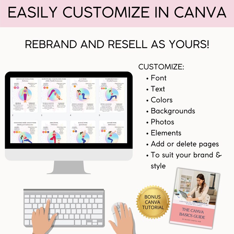 K&ouml;nnte beinhalten: Ein Computerbildschirm zeigt ein digitales Produkt mit Yoga-Posen. Der Bildschirm befindet sich auf einem Schreibtisch mit einer Tastatur und einer Maus. Ein goldener Stempel mit dem Text "Bonus Canva Tutorial" befindet sich in der unteren rechten Ecke. Ein Buch mit dem Text "The Canva Basics Guide" befindet sich in der unteren rechten Ecke.