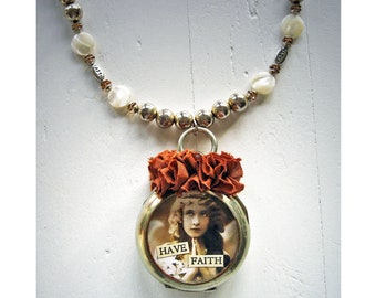 Assemblage Necklace Altered Pocket Watch Have Faith Vintage Inspired Angel