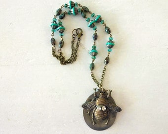 Bee Charm Assemblage Necklace Vintage Boho Style