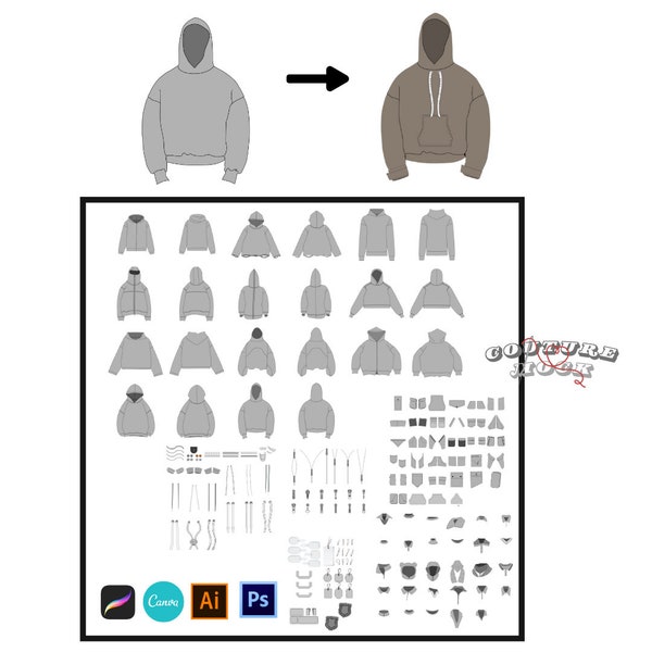 Hoodie pack streetwear custom mockup vector, hoodie custom template vector, mockup attachments pack digital download, technical drawing